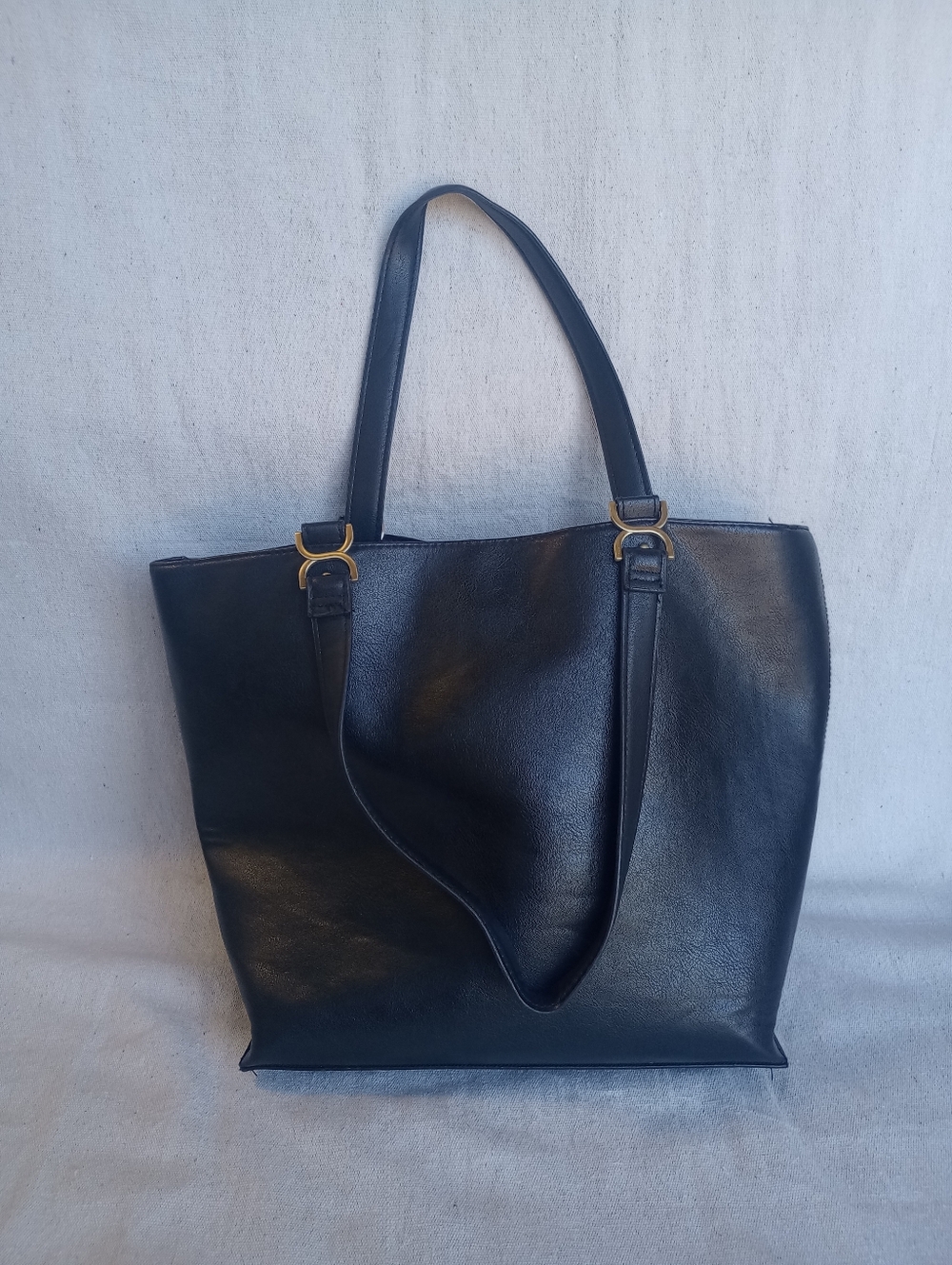Large Black Faux Leather Tote Bag with Gold Hardware